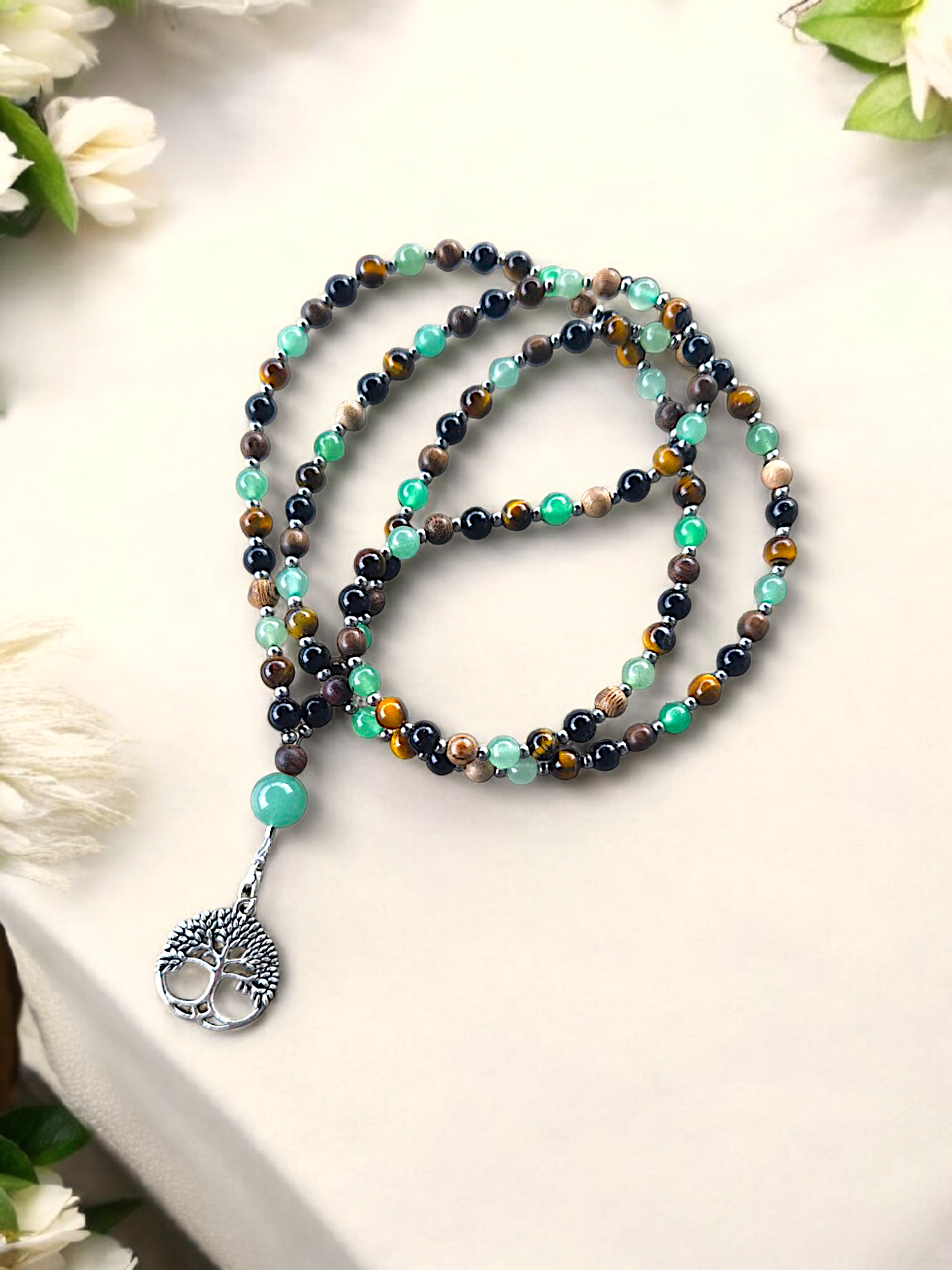 MALA | GAÏA : Collier rituel en Obsidienne/Œil de tigre et Aventurine verte