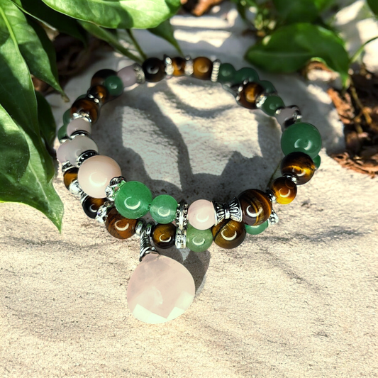 Aurora – Bracelet de pierres – Base argentée - Œil de tigre, Aventurine verte, Quartz rose – Création unique  Bracelet