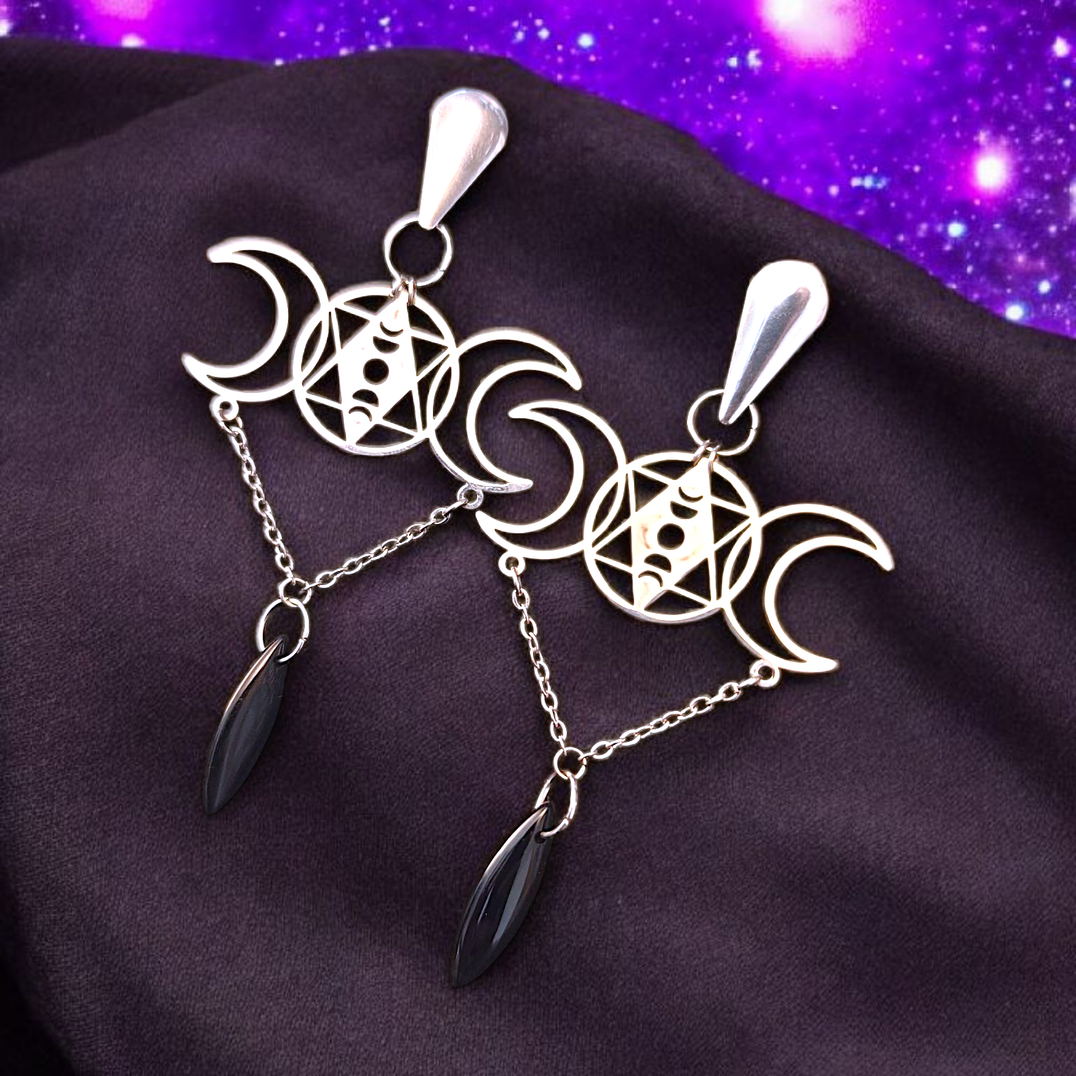 Sylvarith - Boucles d'oreilles Triple Lune en Onyx Noir (2 couleurs)