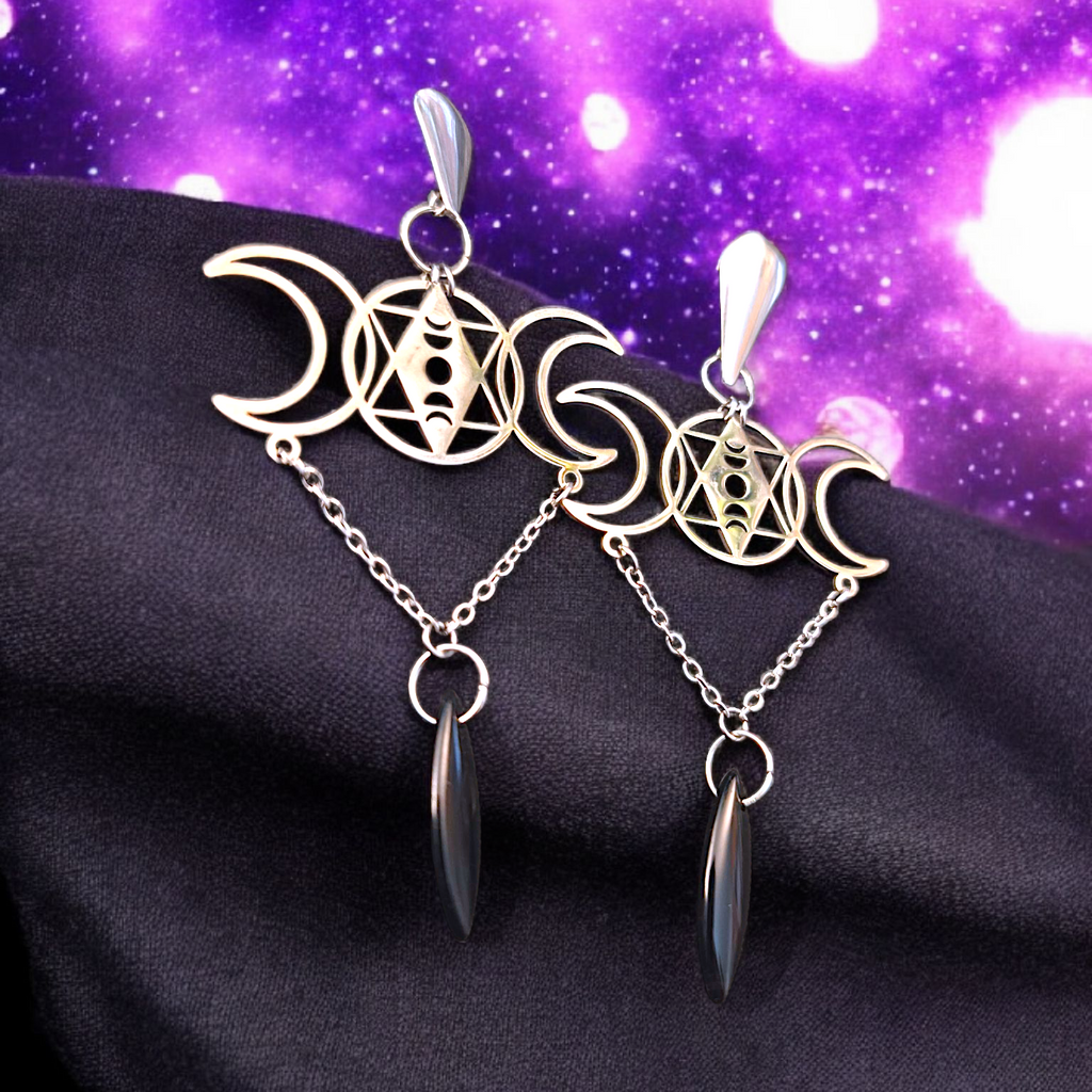 Sylvarith - Boucles d'oreilles Triple Lune en Onyx Noir (2 couleurs)