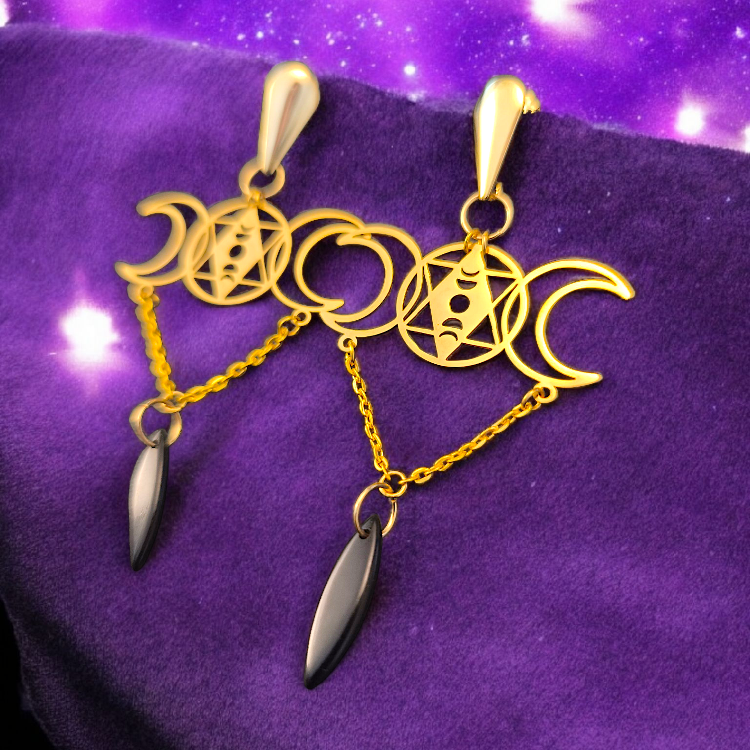 Sylvarith - Boucles d'oreilles Triple Lune en Onyx Noir (2 couleurs)