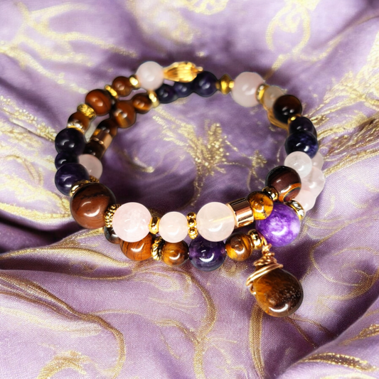 Solara – Bracelet de pierres – Base dorée - Œil de tigre, Améthyste, Quartz rose – Création unique  Bracelet