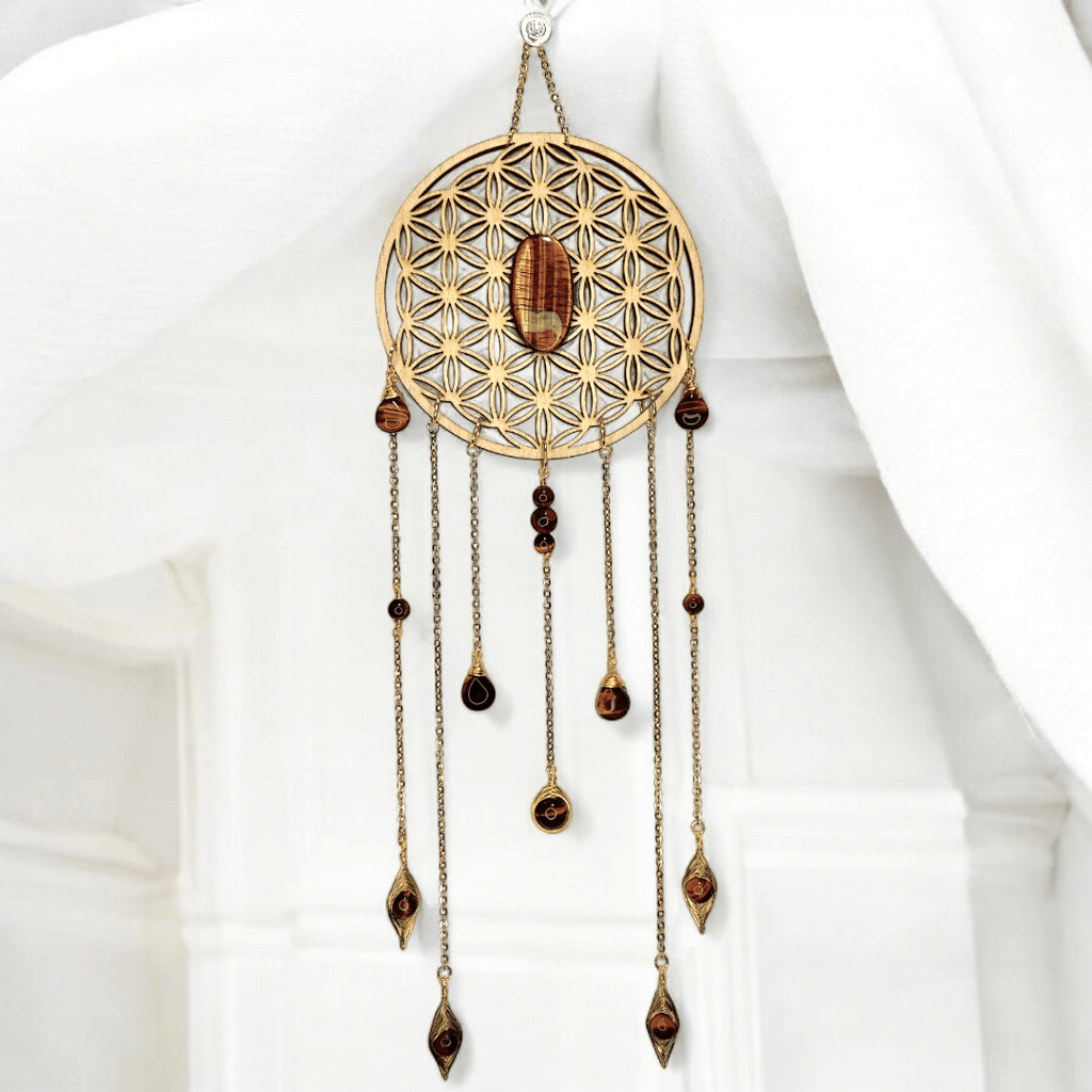 Gaïa - Suspension fleur de vie et Oeil de tigre - L'Atelier de Tabatha