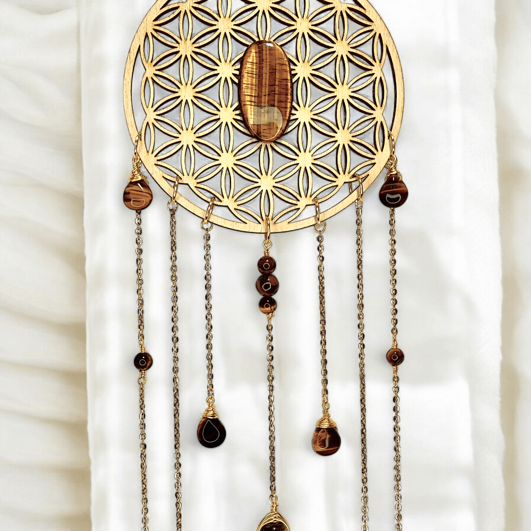 Gaïa - Suspension fleur de vie et Oeil de tigre - L'Atelier de Tabatha