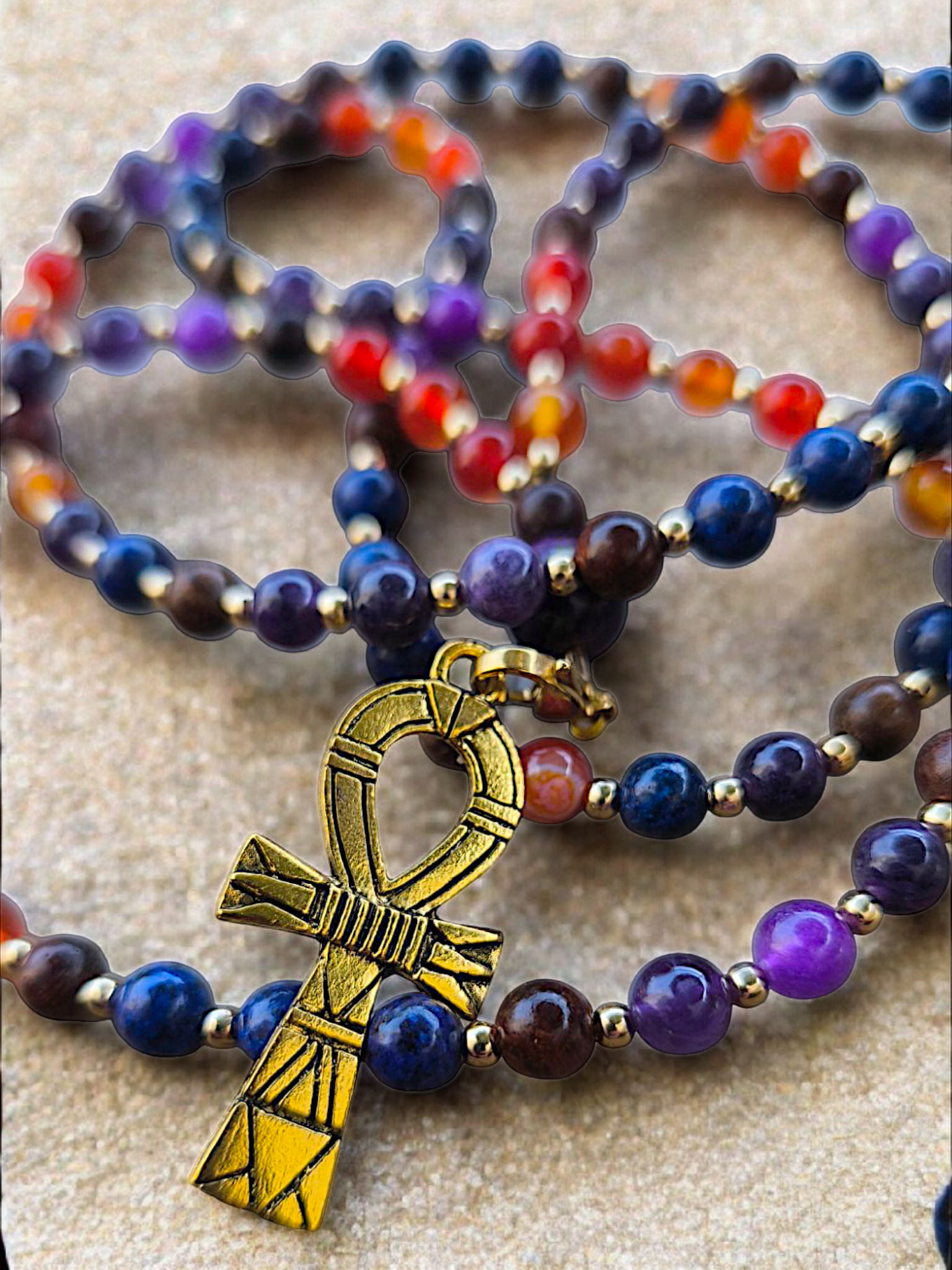 MALA | ANKHERU : Collier rituel en Cornaline/Améthyste et Lapis-lazuli