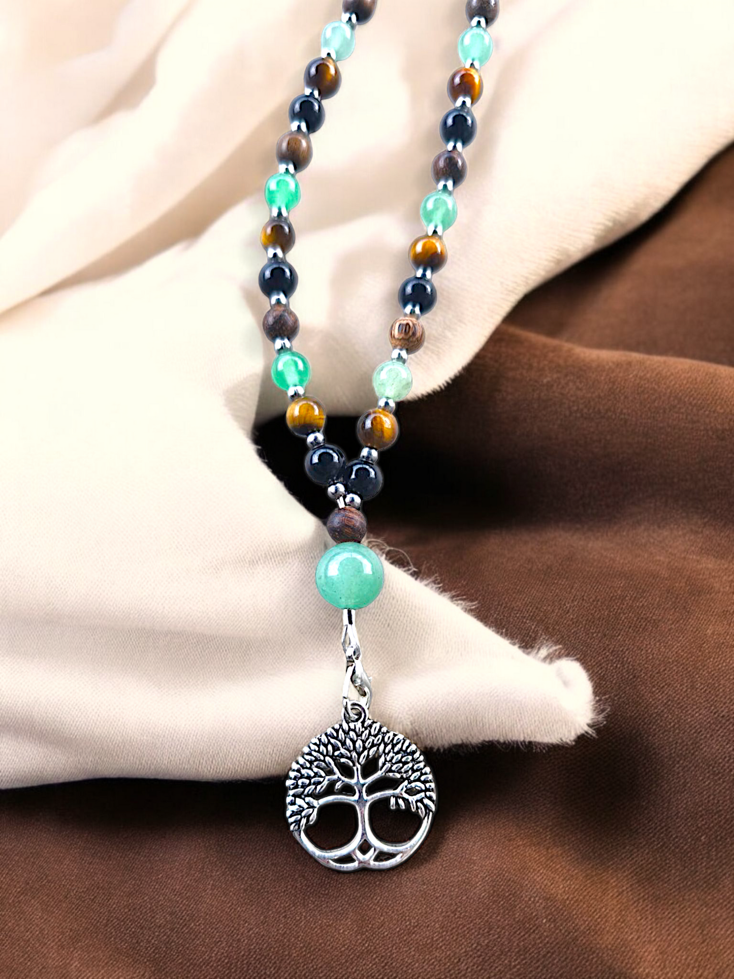 MALA | GAÏA : Collier rituel en Obsidienne/Œil de tigre et Aventurine verte