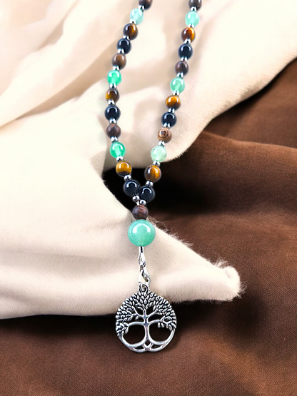 MALA | GAÏA : Collier rituel en Obsidienne/Œil de tigre et Aventurine verte