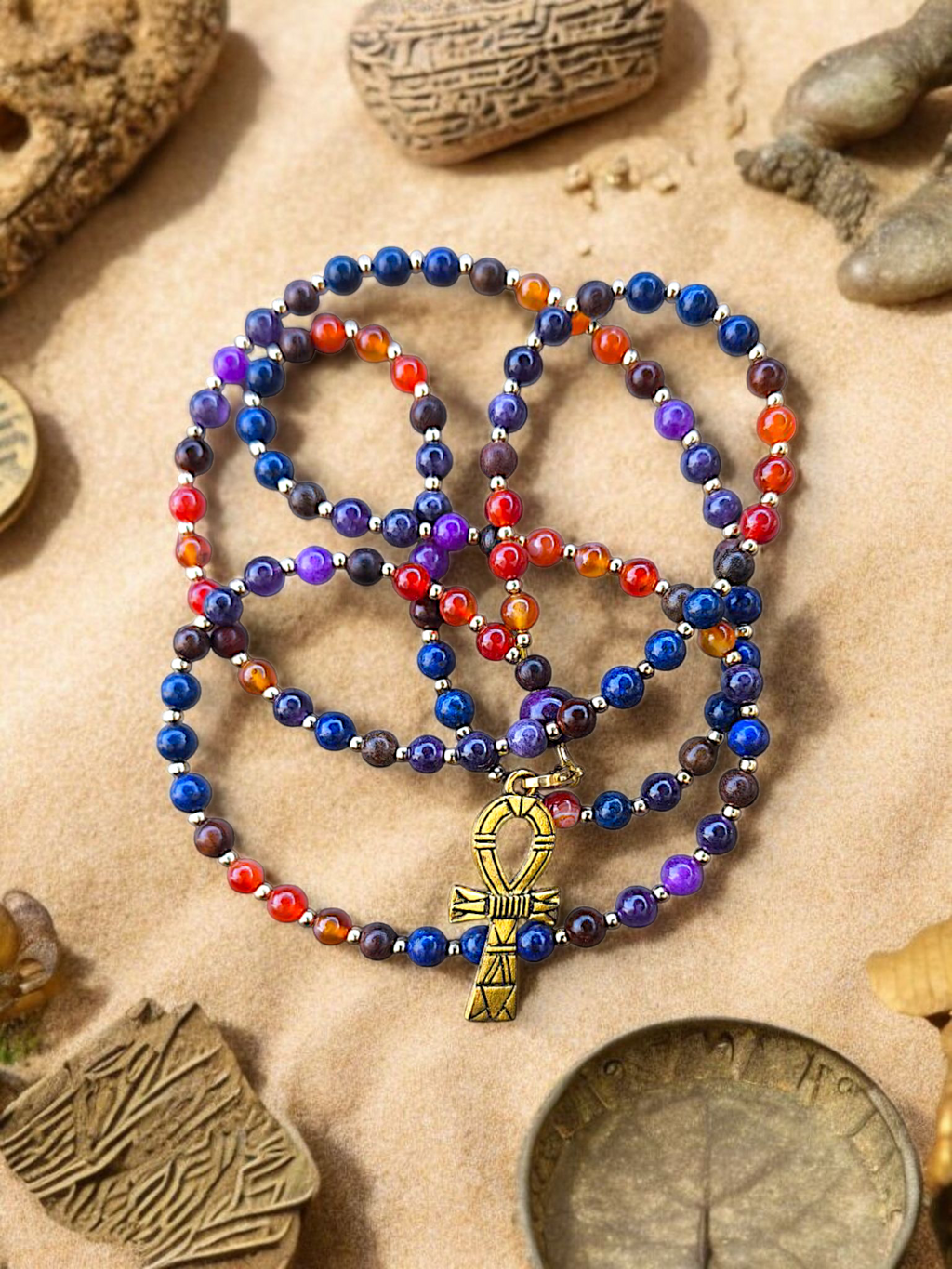 MALA | ANKHERU : Collier rituel en Cornaline/Améthyste et Lapis-lazuli