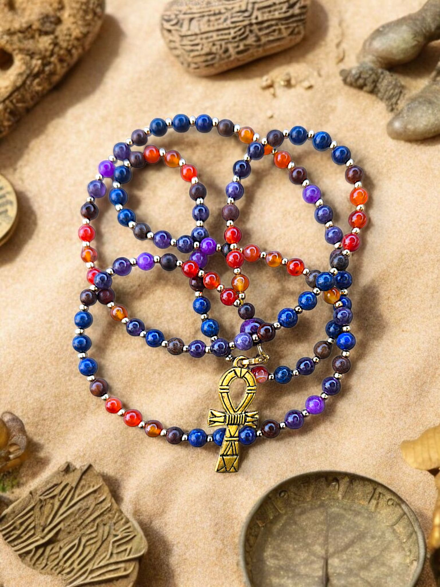 MALA | ANKHERU : Collier rituel en Cornaline/Améthyste et Lapis-lazuli