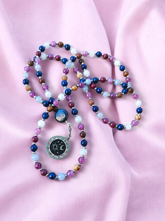 MALA | NYMÄE : Collier rituel en Aigue-marine/Lapis-lazuli et Lepidolite