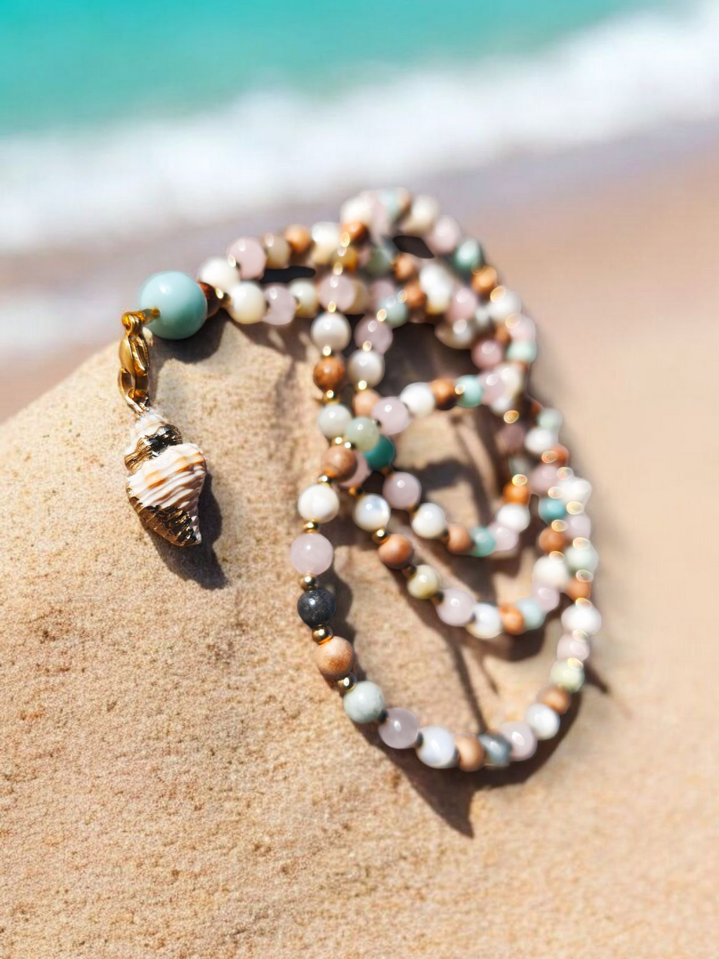 MALA | THALASSA : Collier rituel en amazonite/quartz rose et nacre