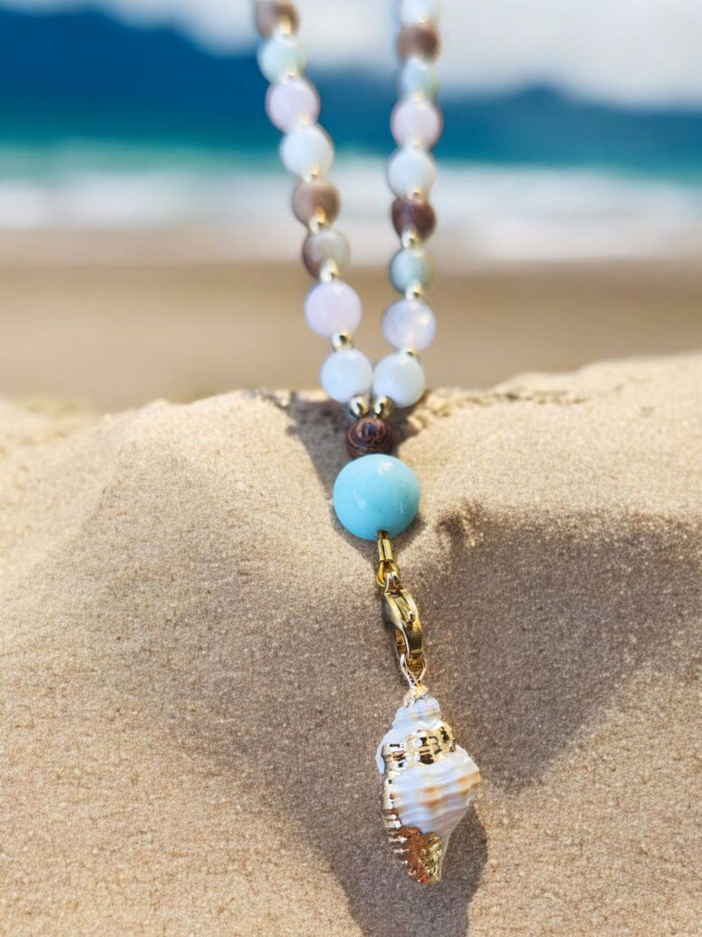 MALA | THALASSA : Collier rituel en amazonite/quartz rose et nacre