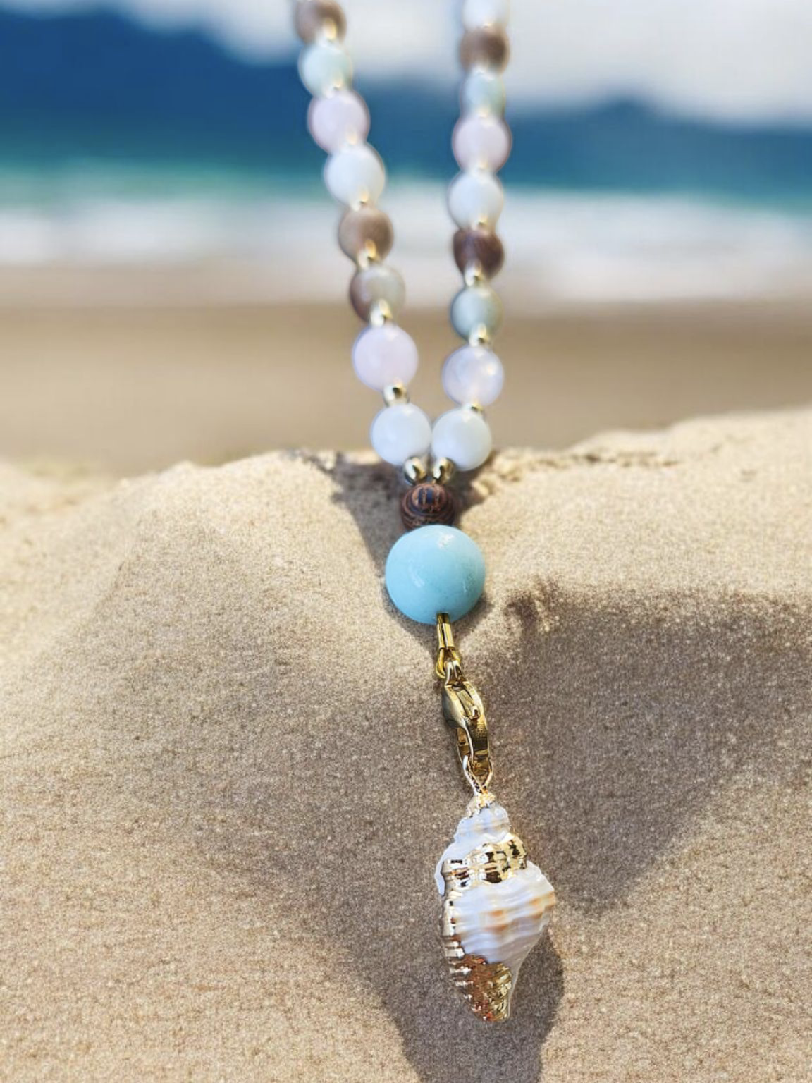 MALA | THALASSA : Collier rituel en amazonite/quartz rose et nacre