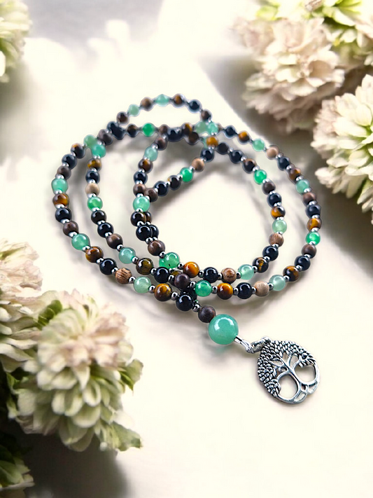MALA | GAÏA : Collier rituel en Obsidienne/Œil de tigre et Aventurine verte