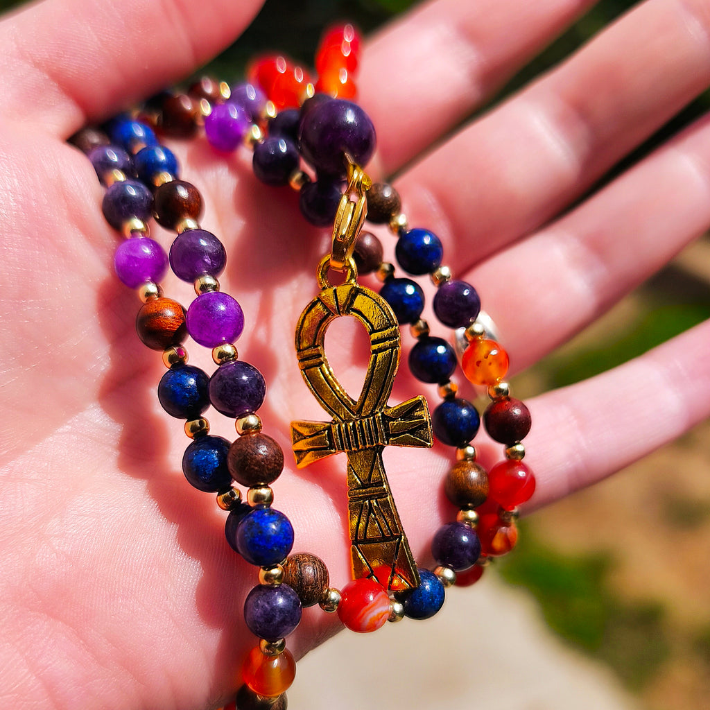 MALA | ANKHERU : Collier rituel en Cornaline/Améthyste et Lapis-lazuli