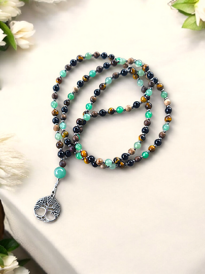 MALA | GAÏA : Collier rituel en Obsidienne/Œil de tigre et Aventurine verte