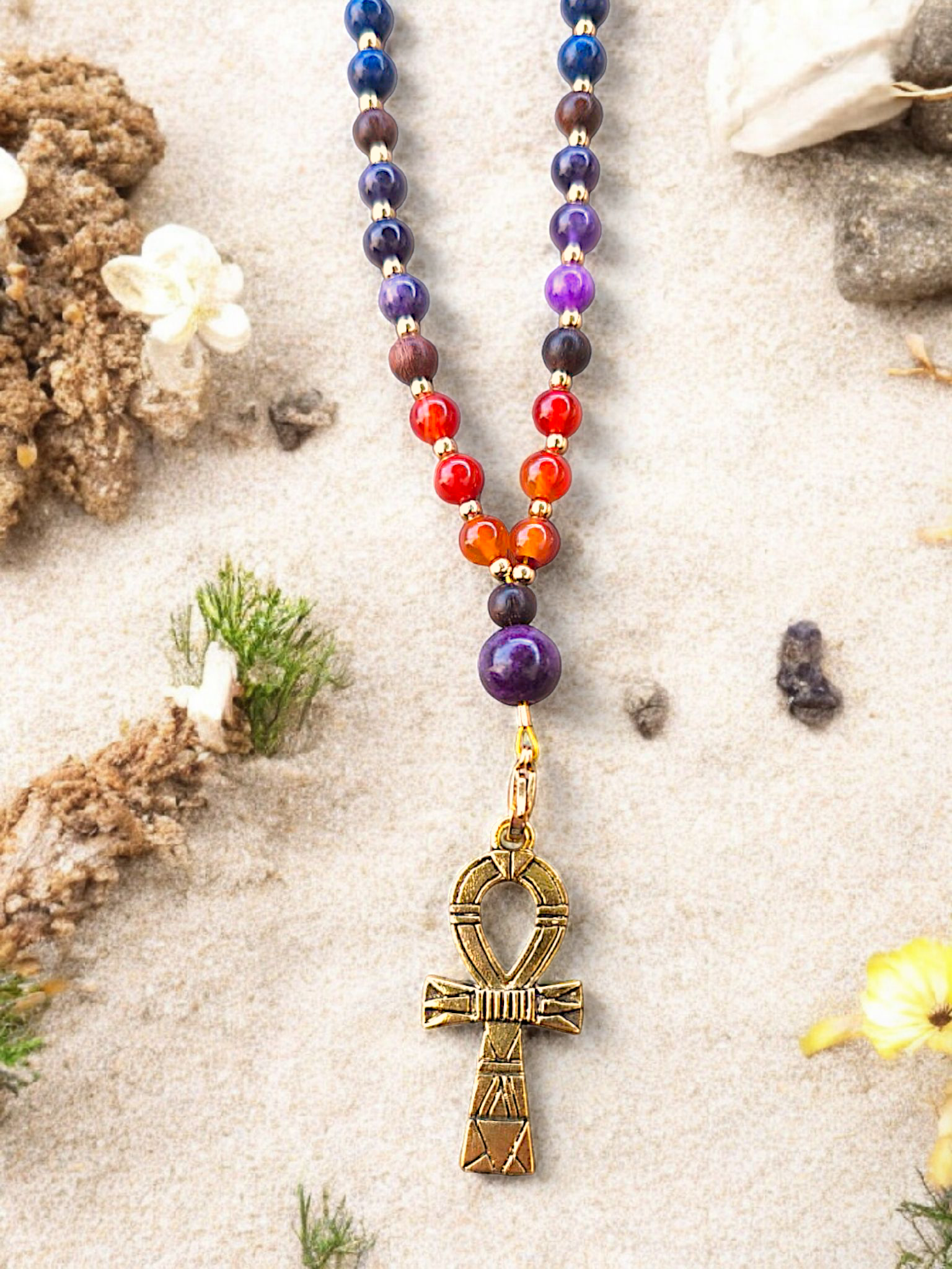 MALA | ANKHERU : Collier rituel en Cornaline/Améthyste et Lapis-lazuli