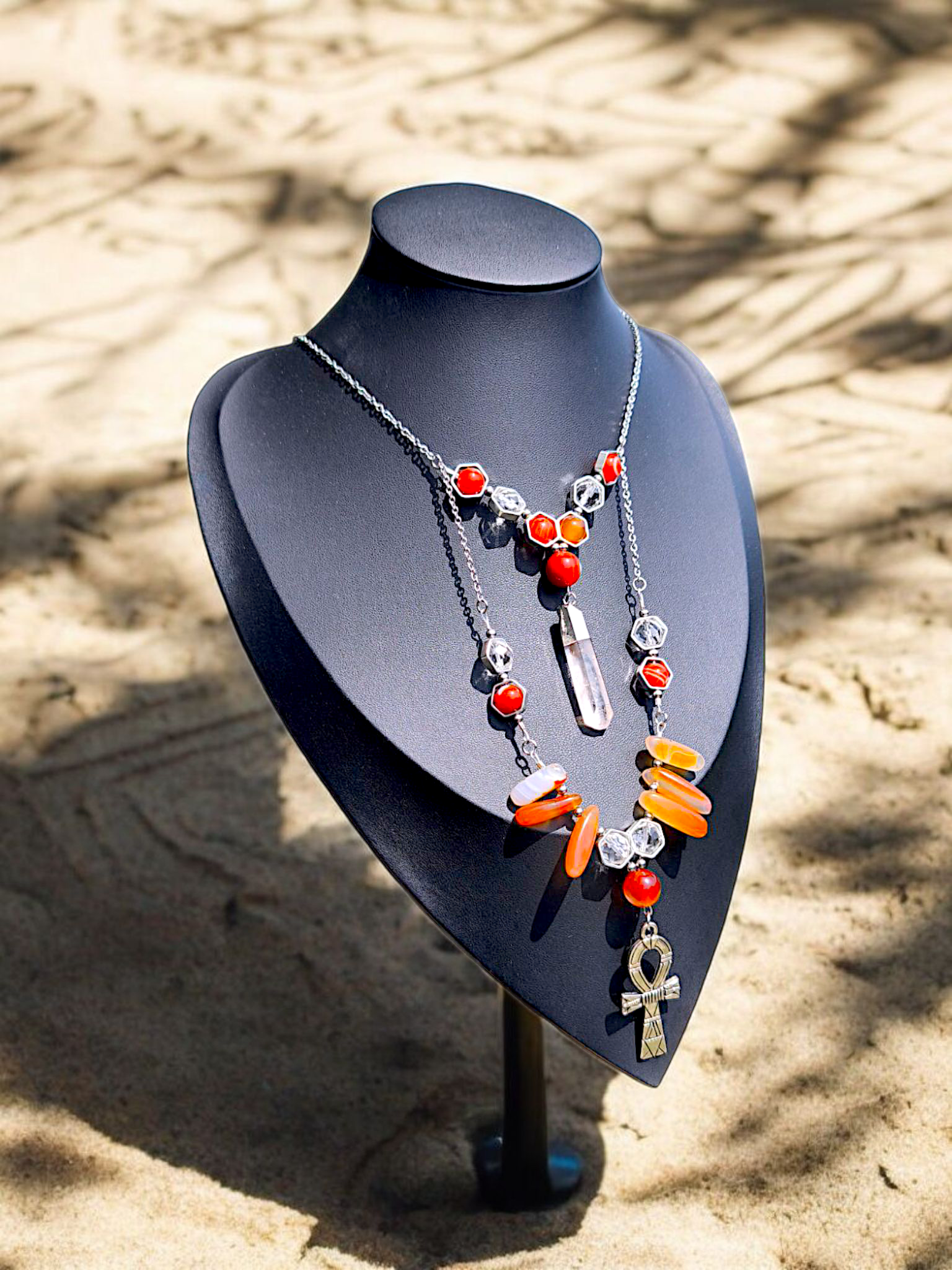 SEKHMET – Collier double en Cornaline et Cristal de roche