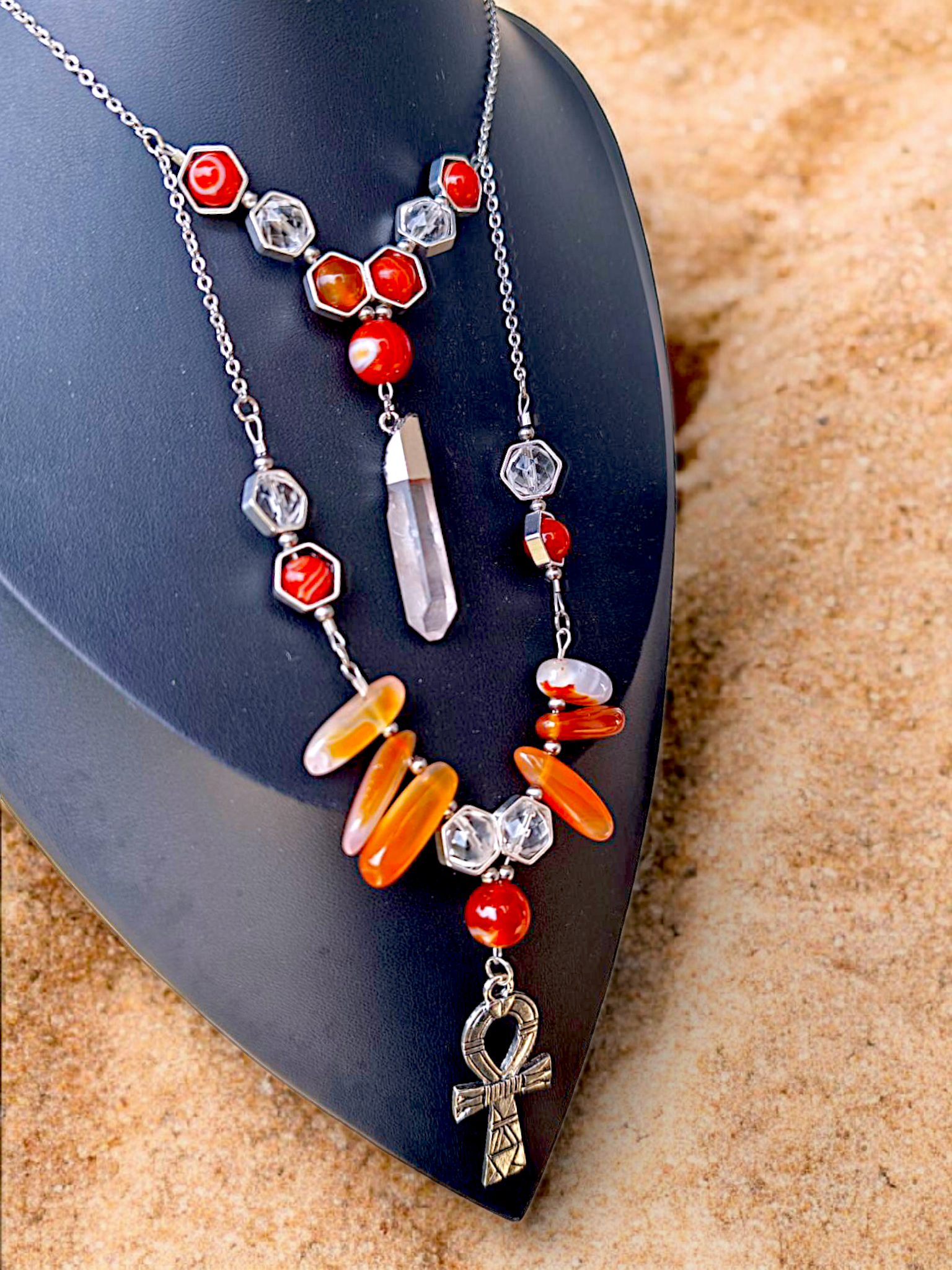 SEKHMET – Collier double en Cornaline et Cristal de roche