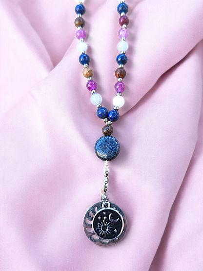 MALA | NYMÄE : Collier rituel en Aigue-marine/Lapis-lazuli et Lepidolite
